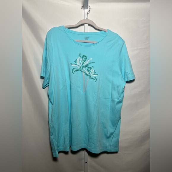 Kim Rogers Perfectly Soft Women’s Palm Trees Blue Short Sleeve Top - Picture 1 of 6